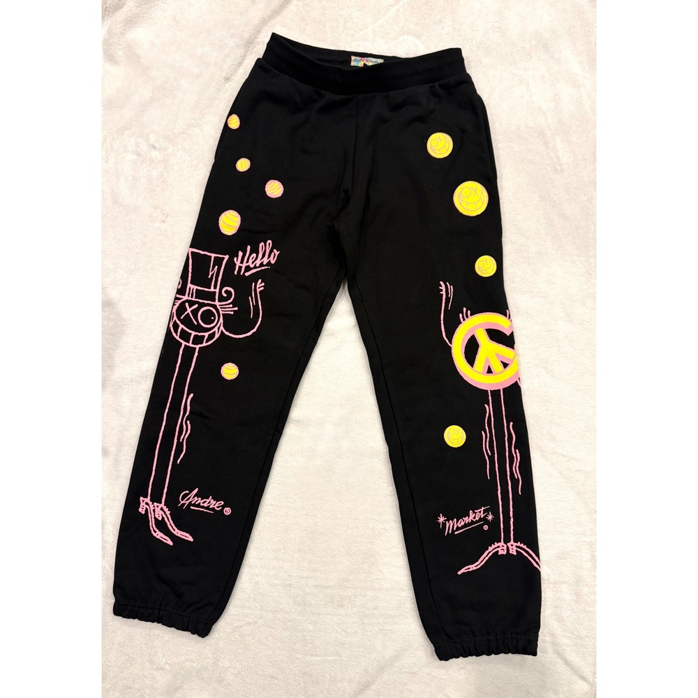 Andre Saraiva x Market‎ Black Graffiti Mr A Smiley Sweatpants Mens Large NEW